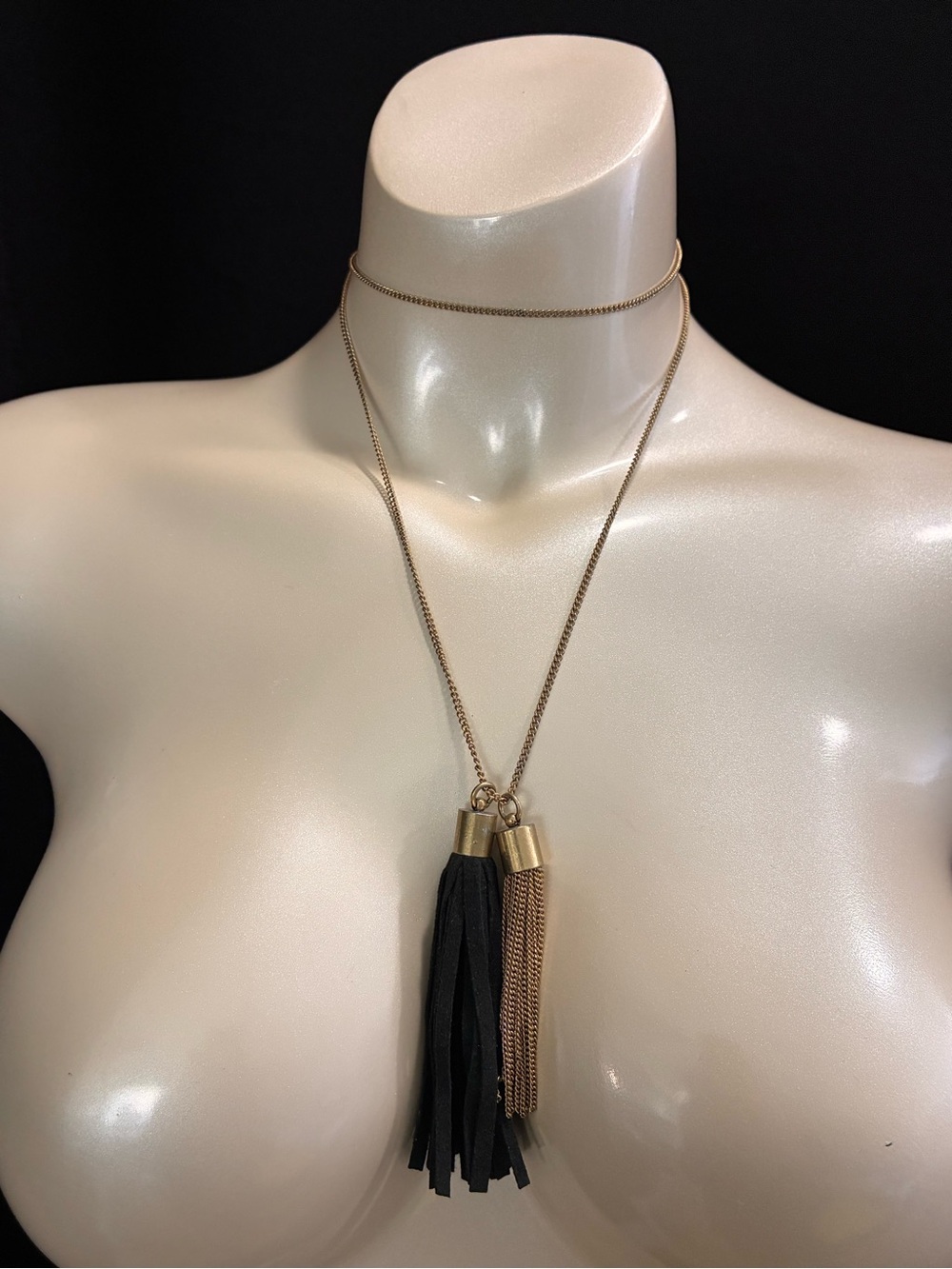 J. Crew Gold Chain Necklace with Black Faux Suede and Gold Tassels Lightweight